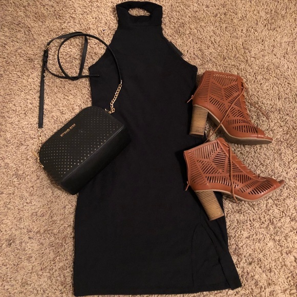 black ribbed high neck dress